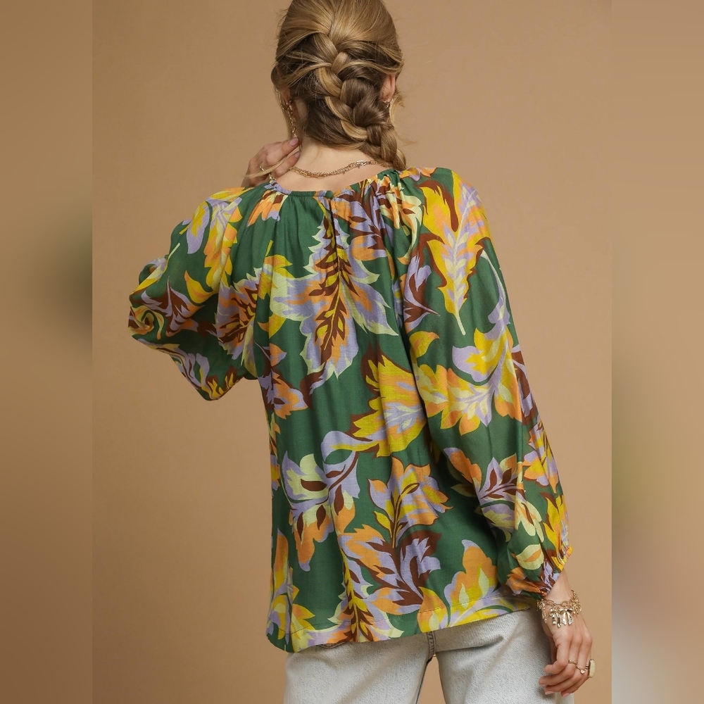 Umgee Retro Abstract Shirt Pleated 70s Round Neck Top Long Balloon Sleeve Blouse - Picture 6 of 16